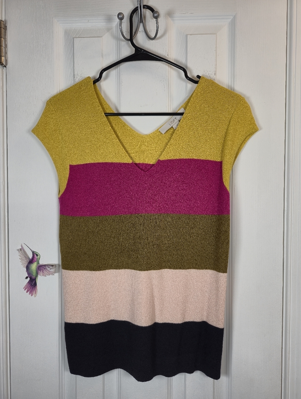 LOFT Retro Mod Colorblock Knit Sweater Top V-Neck Short Sleeve Eclectic M